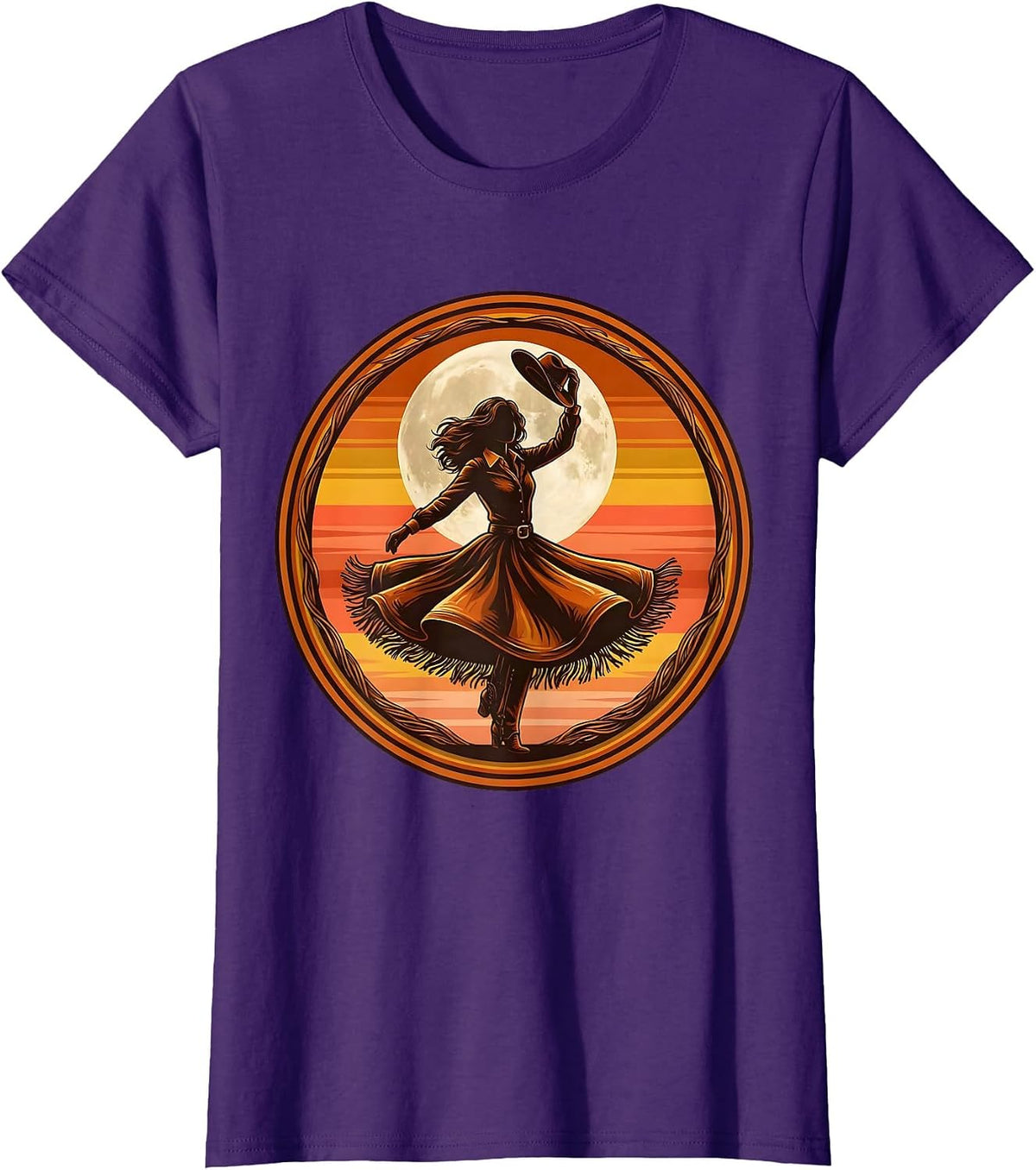 Women's Cowgirl Silhouette Twirling Under Full Moon T-Shirt - Purple