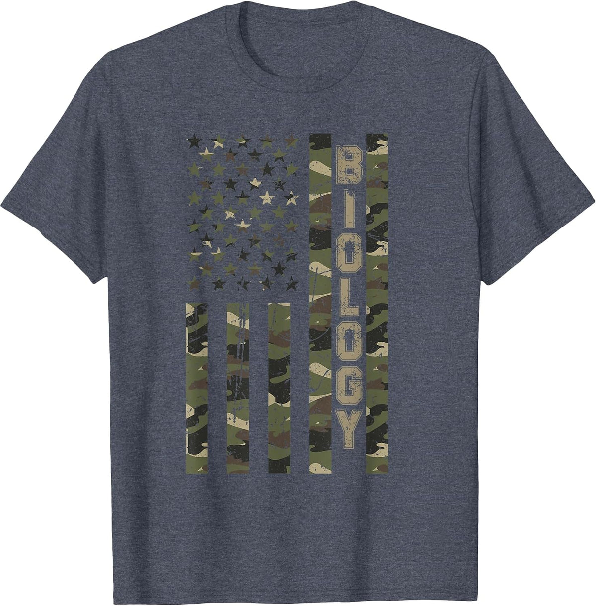 Biology United States Distressed Camo w US Flag T-Shirt - Heather Blue