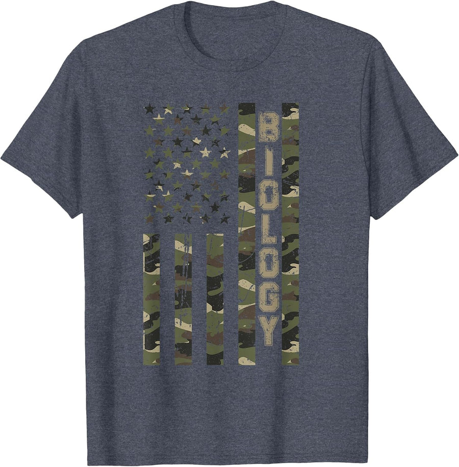 Biology United States Distressed Camo w US Flag T-Shirt - Heather Blue