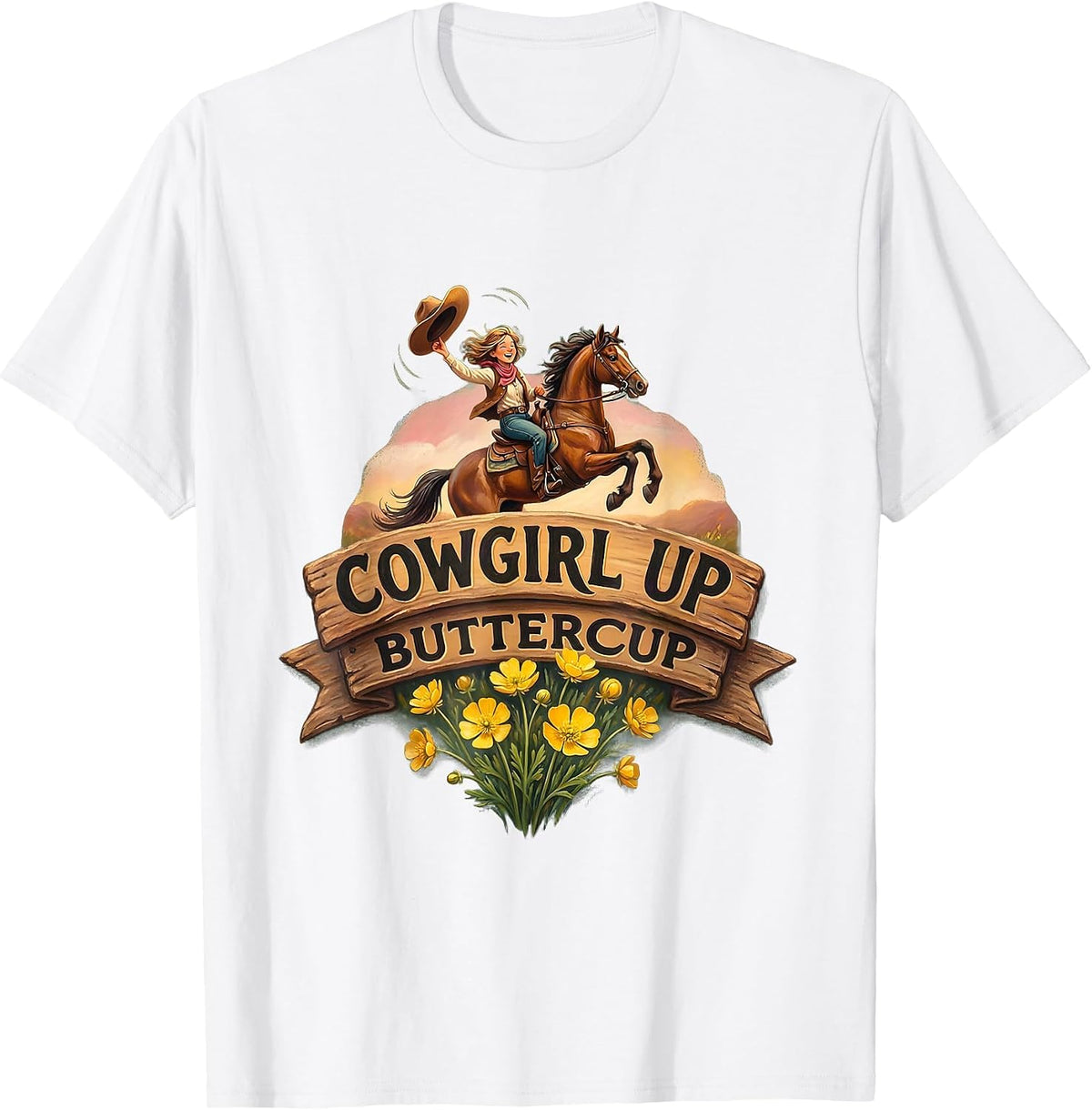 Men's Cowgirl Up Buttercup Rodeo Graphic Design T-Shirt - White
