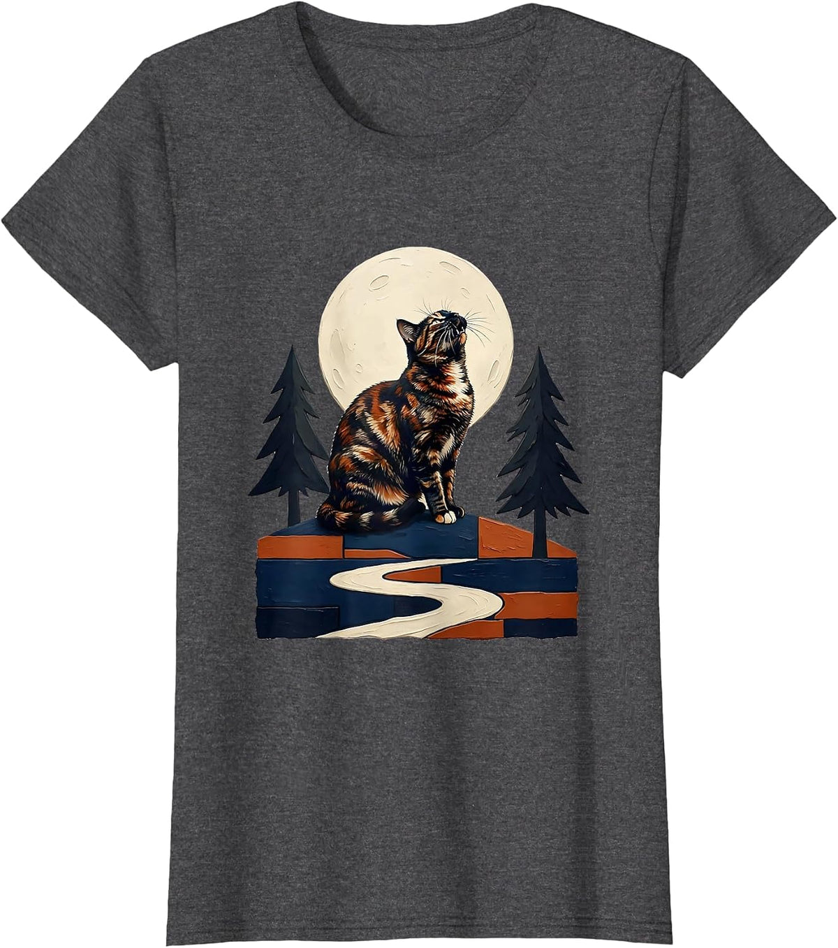 Women's Tortoiseshell Cat Howling at Moon Storybook Fantasy T-Shirt - Dark Heather Grey