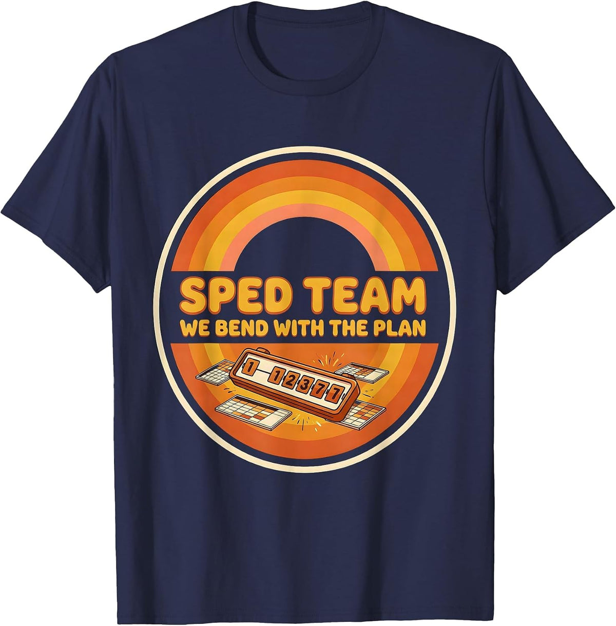 SPED Team We Bend With The Plan Retro 70s Teacher Humor T-Shirt - Navy Blue