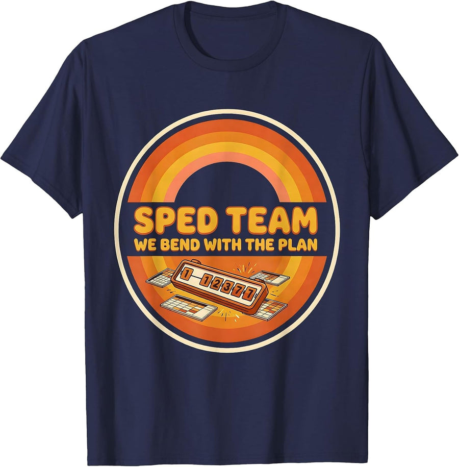 SPED Team We Bend With The Plan Retro 70s Teacher Humor T-Shirt - Navy Blue