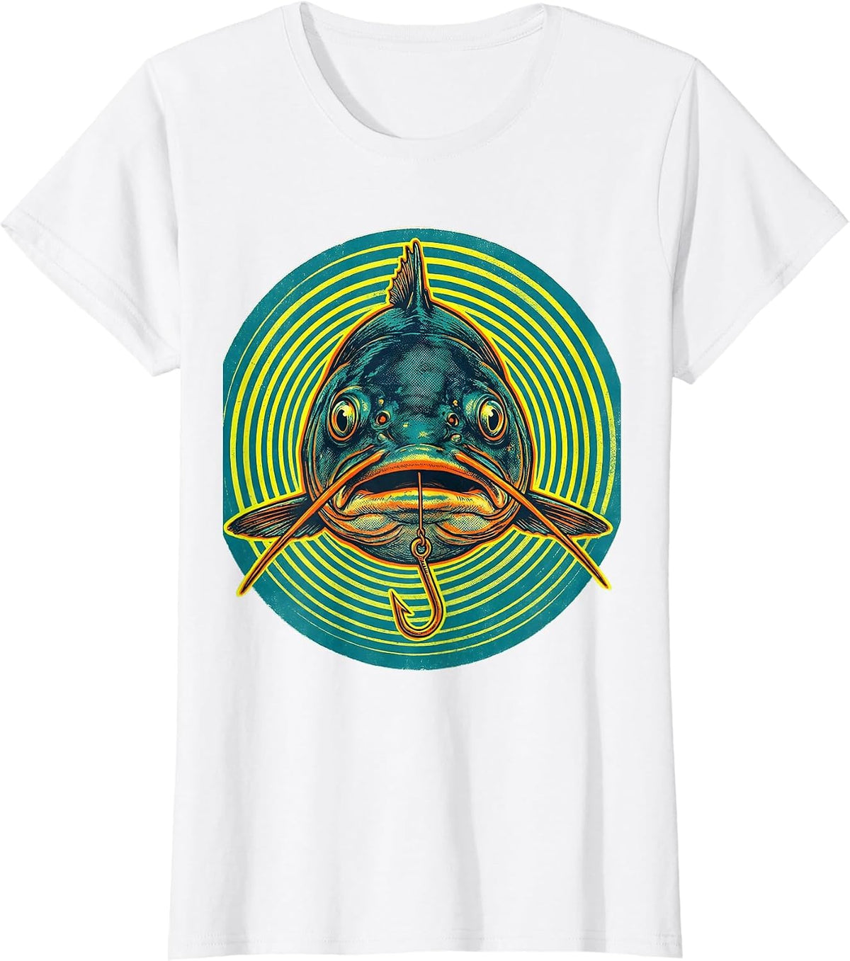 Catfish Hook Risograph Funny Fishing Humor Angler T-Shirt - White