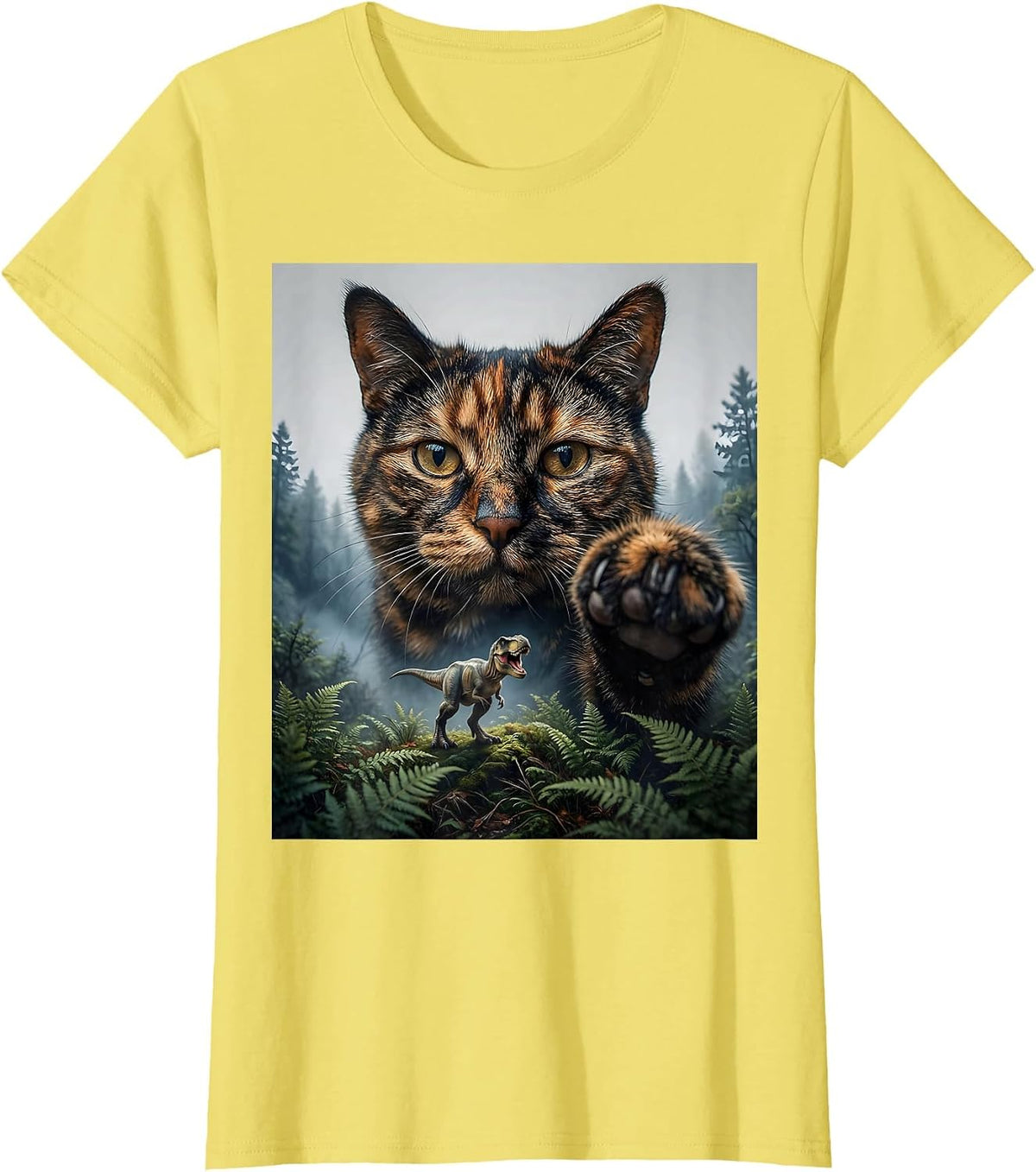 Women's Oversized Calm Tortoiseshell Cat Face Funny T-Rex Dinosaur T-Shirt - Lemon Yellow