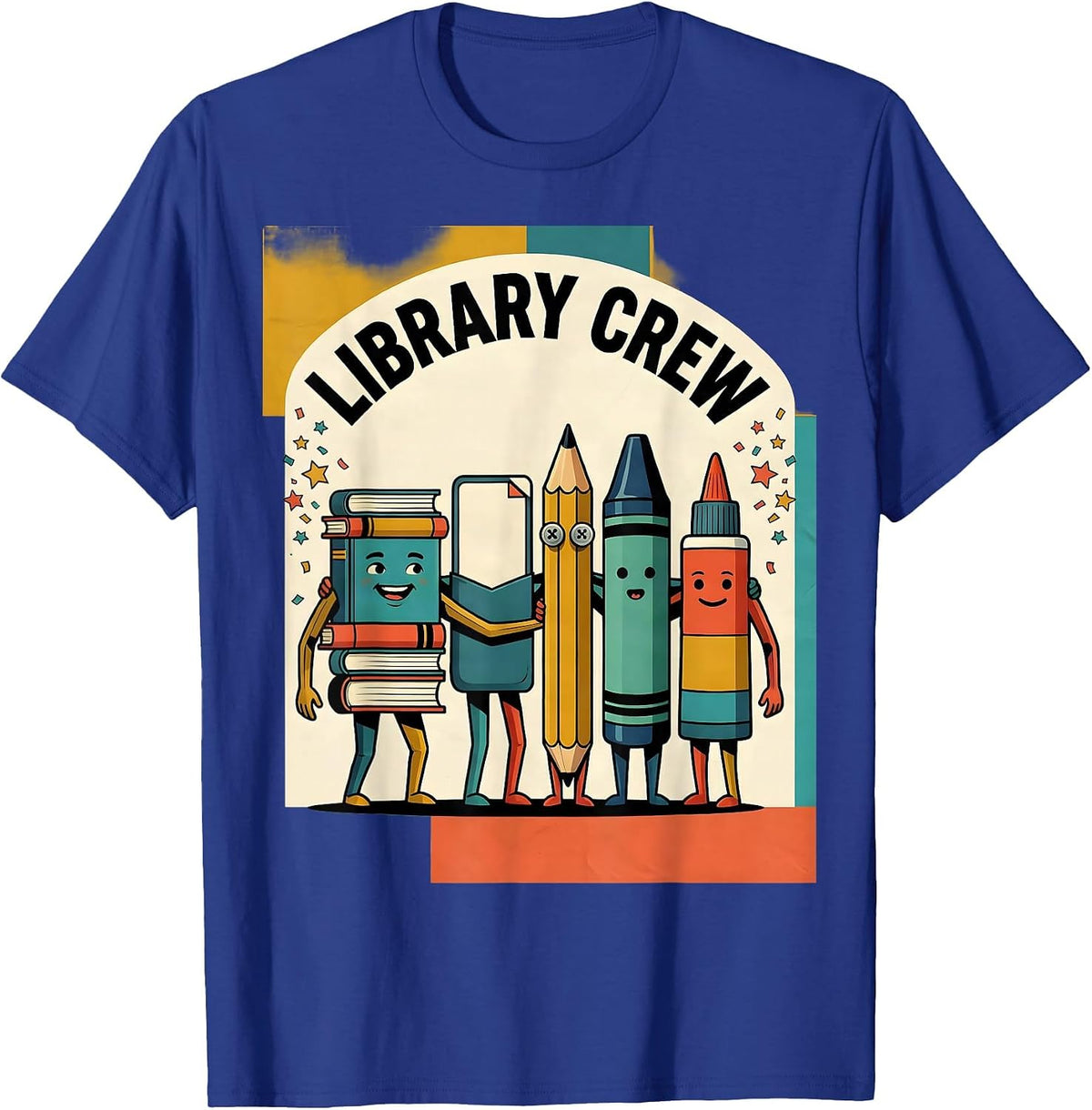 Library Crew Midcentury Modern Book Stack Teacher Student T-Shirt - Royal Blue