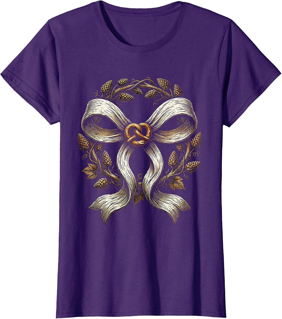 Women's Dirndl Apron Bow Pretzel and Hops Graphic T-Shirt - Purple