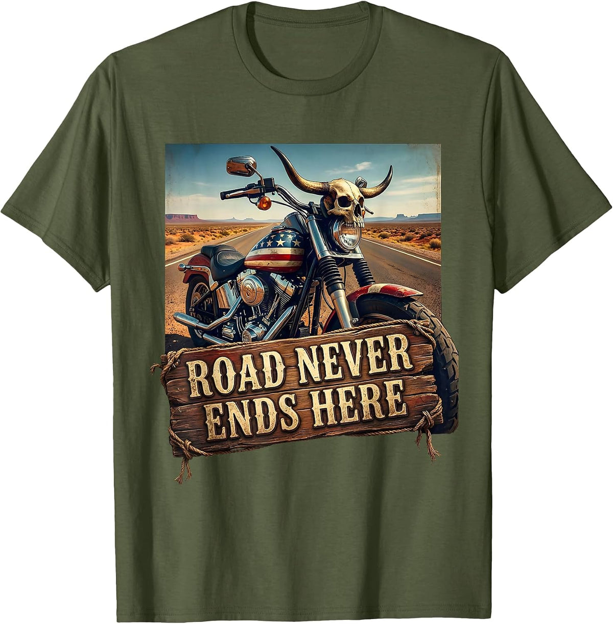 Men's Road Never Ends Here Motorcycle Rider Design T-Shirt - Olive Green