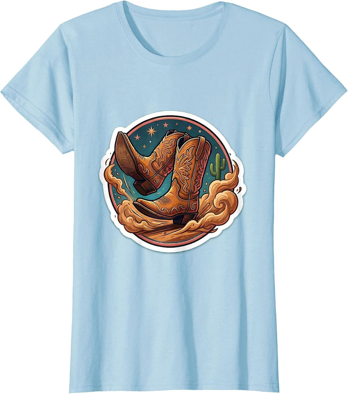 Women's Cowgirl Boots Kicking Up Dust Graphic Design T-Shirt - Baby Blue