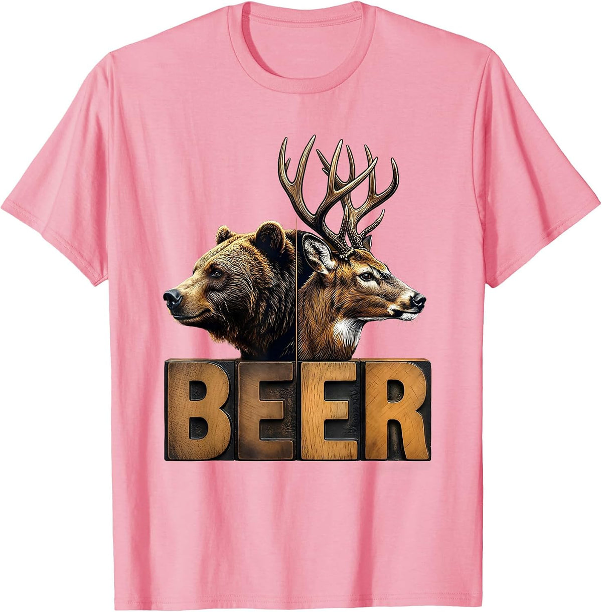 Men's BEER Vintage Bear Deer Funny Outdoor Camping Hunting T-Shirt - Pink