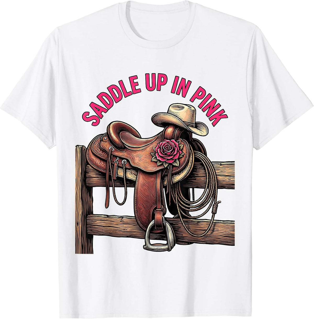 Men's Saddle Up In Pink Western Cowgirl Design T-Shirt - White
