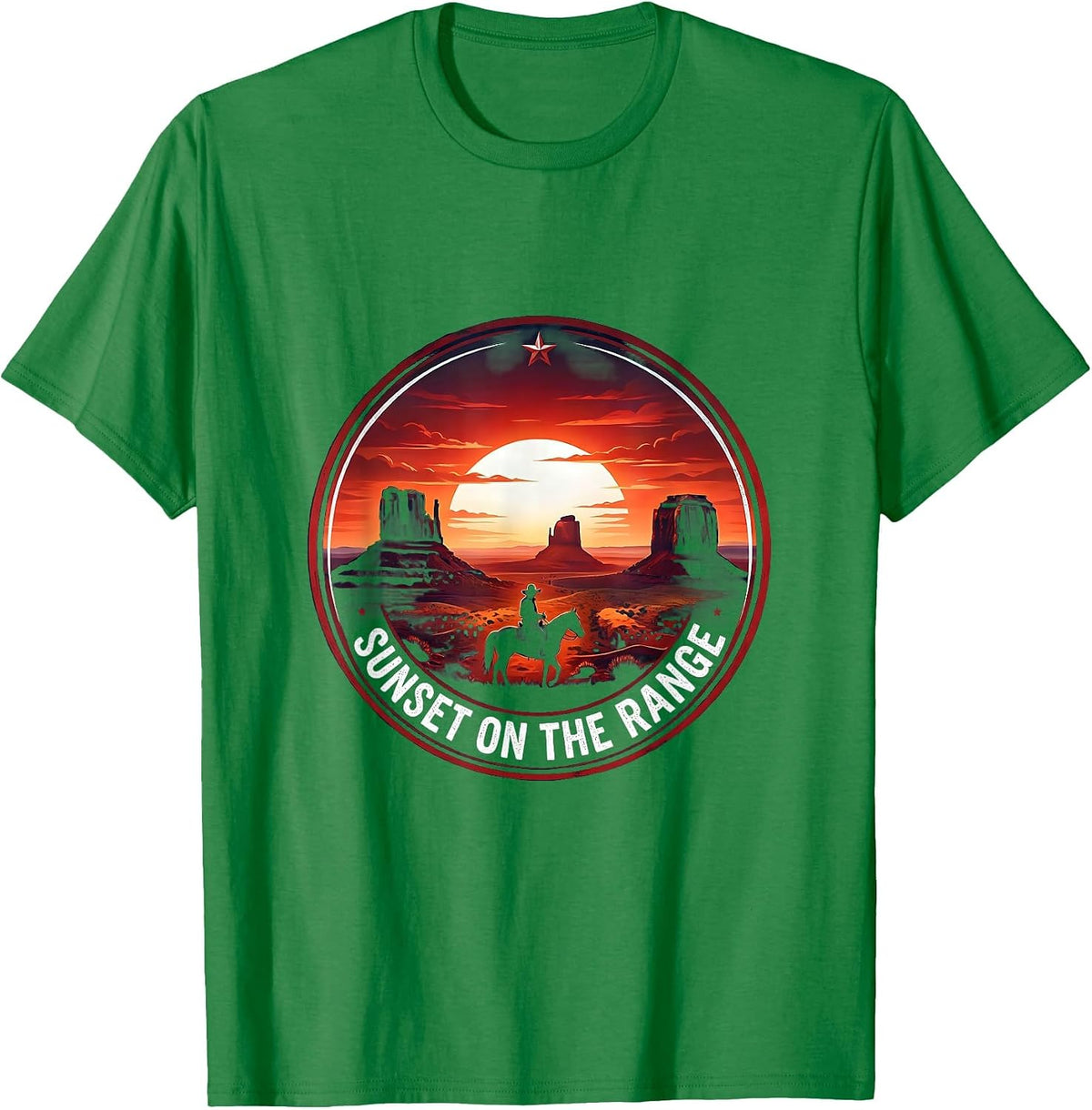 Men's Sunset on the Range Cowboy Western Design T-Shirt - Kelly Green
