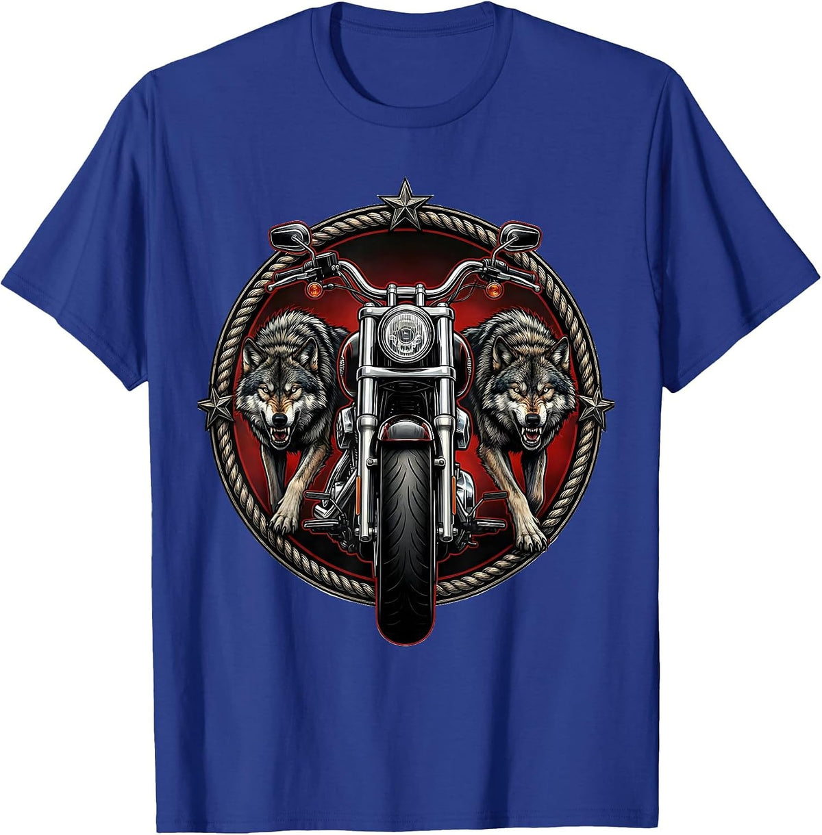 Men's Wolf Pack and Motorcycle Biker Graphic T-Shirt - Royal Blue