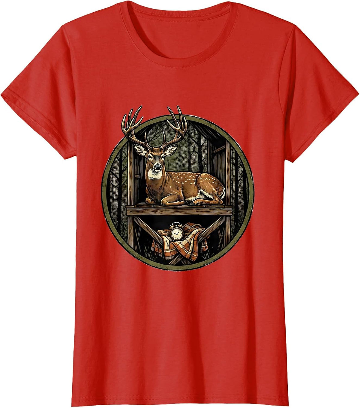 Deer Hunter Buck in Stand Funny Hunting Humor T-Shirt - Red