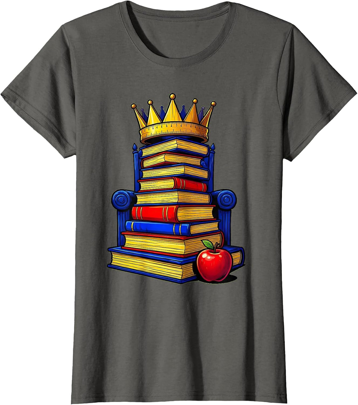 Women's 2nd Grade Teacher Ruler Crown Textbook Throne T-Shirt - Asphalt Grey