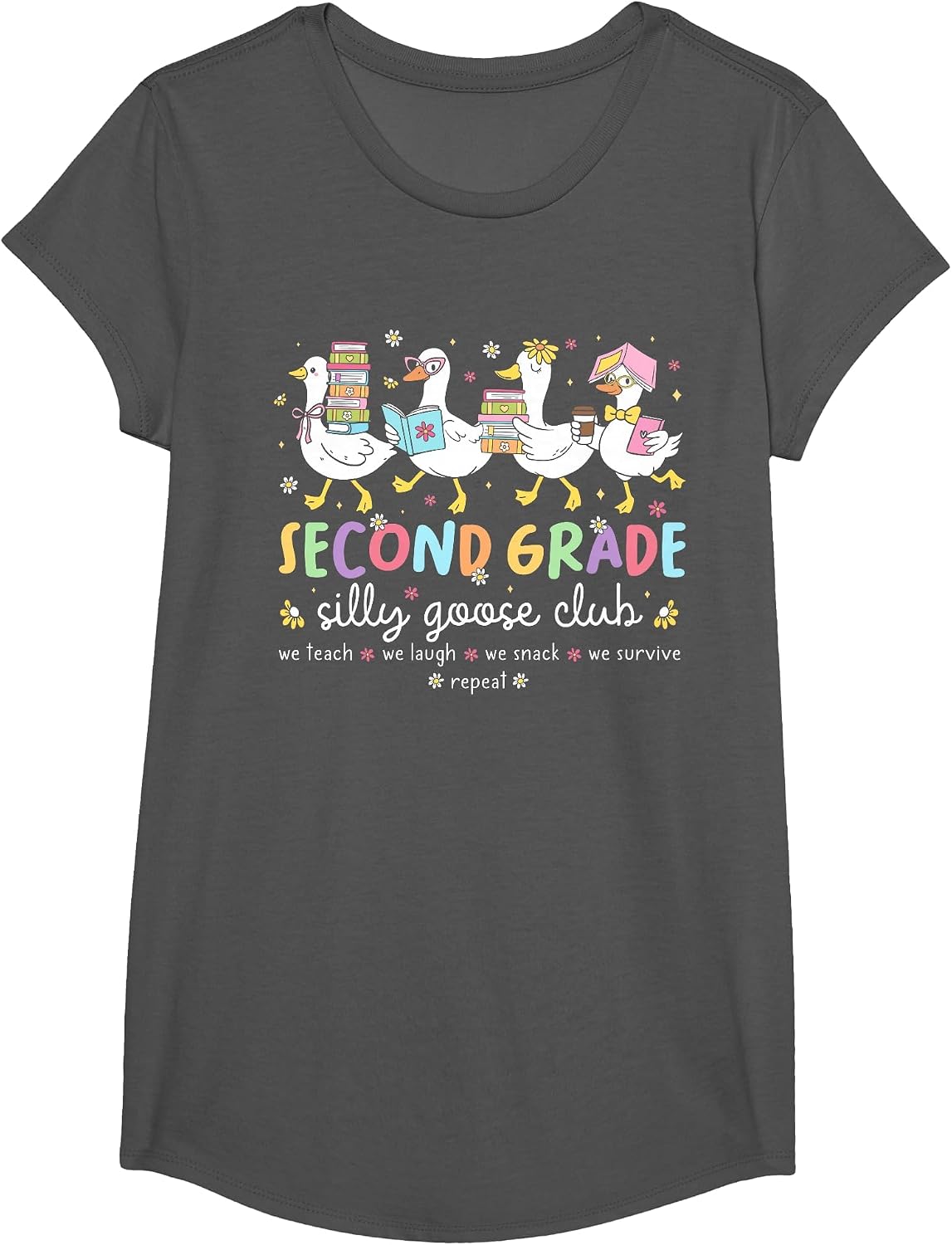 Second Grade Goose Silly Teacher Funny Goose Back to School T-Shirt - Girls Asphalt Grey
