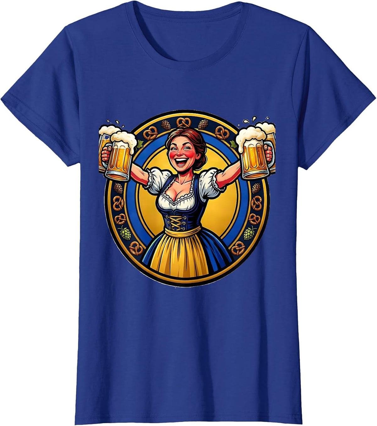 Women's Bavarian Dirndl Stein Bearer Oktoberfest Graphic T-Shirt - Royal Blue
