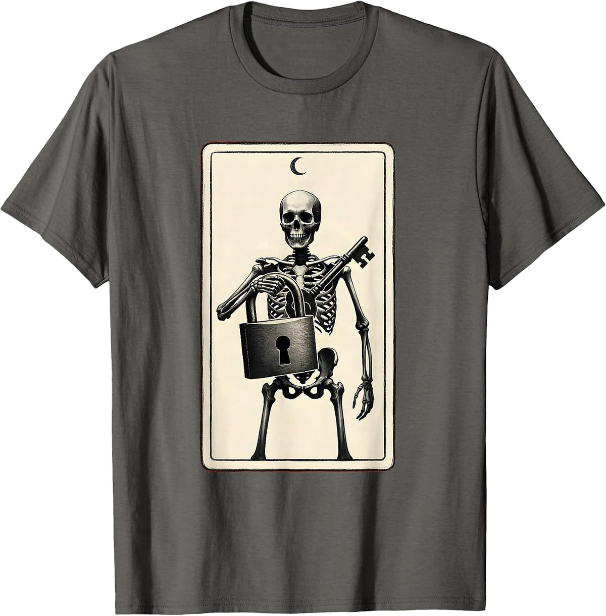 Men's Skeleton Locksmith Tarot Card Minimalist Halloween Humor T-Shirt - Asphalt Grey