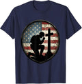 Soldier Kneeling at Battlefield Memorial Cross T-Shirt - Navy Blue