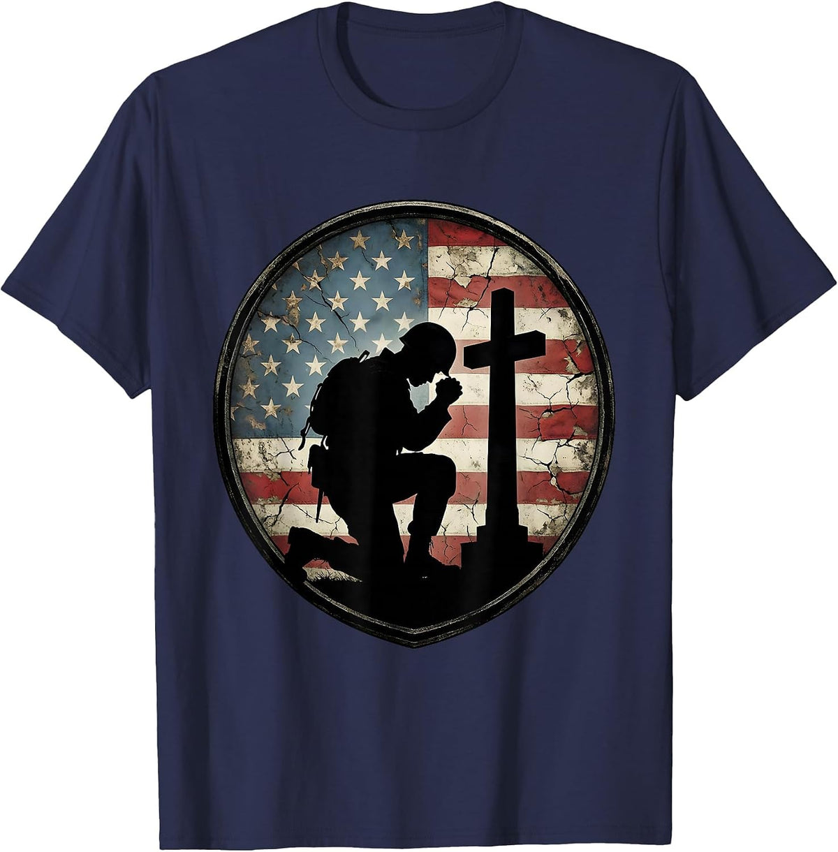 Soldier Kneeling at Battlefield Memorial Cross T-Shirt - Navy Blue