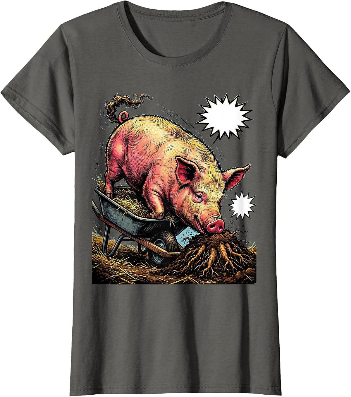 Women's Potbellied Pig Comic Book Farm Animal Lover T-Shirt - Asphalt Grey