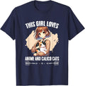 Kawaii Feline Animal Japan Anime Girl and Calico Cat Girl T-Shirt - Navy Blue