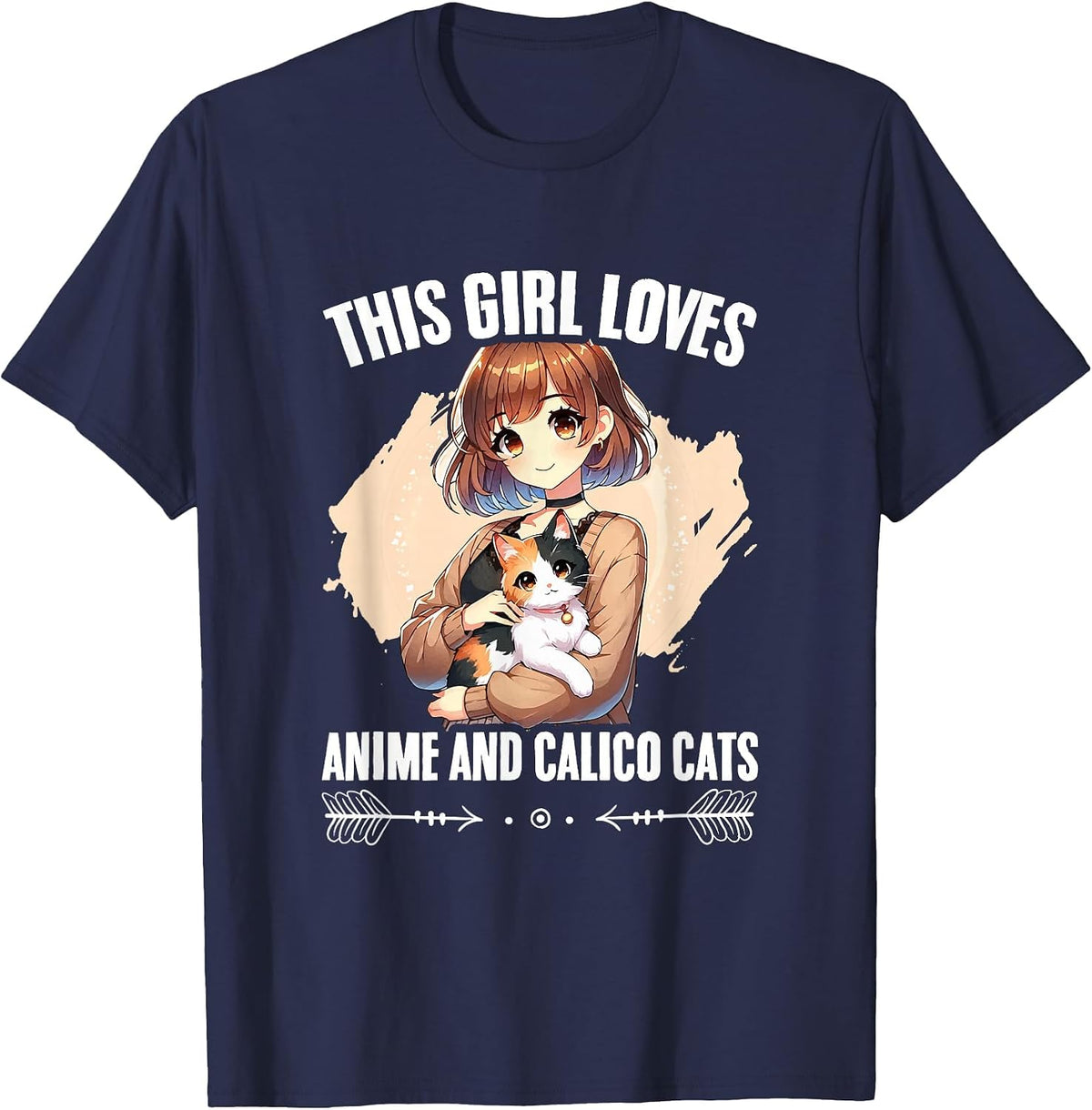 Kawaii Feline Animal Japan Anime Girl and Calico Cat Girl T-Shirt - Navy Blue