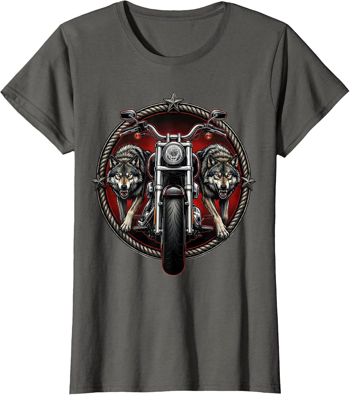 Women's Wolf Pack and Motorcycle Biker Graphic T-Shirt - Asphalt Grey