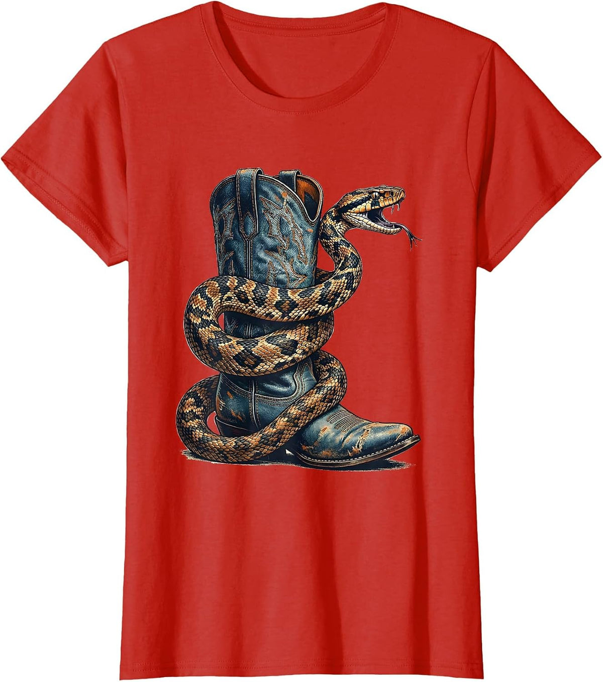 Women's Denim Cowgirl Snake Coiled Cowboy Boot Graphic T-Shirt - Red
