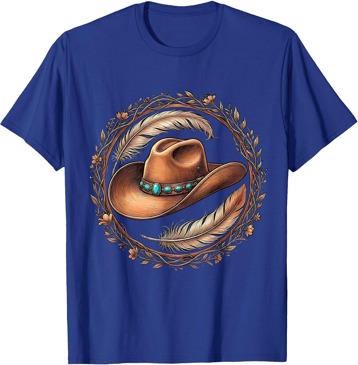 Men's Cowgirl Hat Feathers and Turquoise Gems Western T-Shirt - Royal Blue