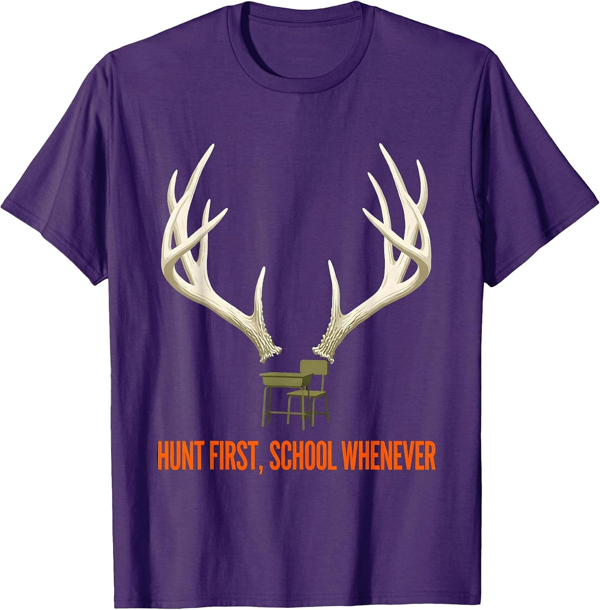 Hunt First School Whenever Funny Deer Hunting Camo Dad Humor T-Shirt - Purple