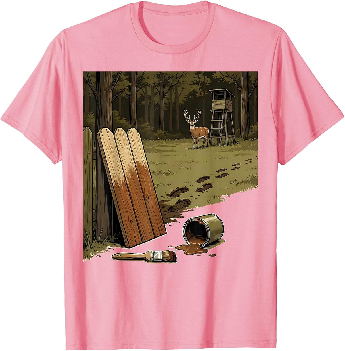 Men's Half-Painted Fence Board Deer Hunting Dad Humor T-Shirt - Pink