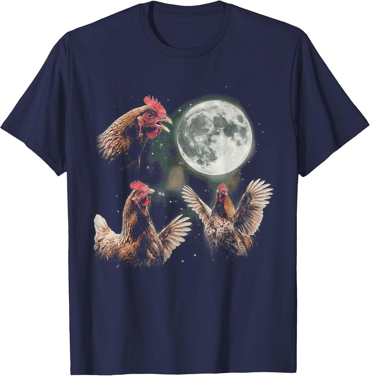 Chicken Howling at Moon Vintage 90s Graphic Animal Lover T-Shirt - Navy Blue