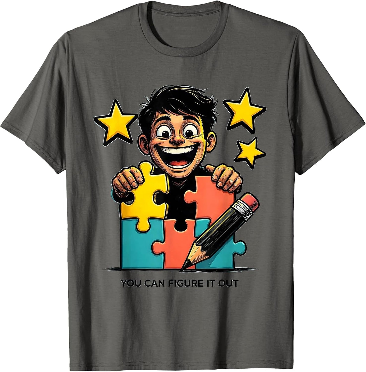 You Can Figure It Out Cartoon Teacher Motivational Classroom T-Shirt - Asphalt Grey