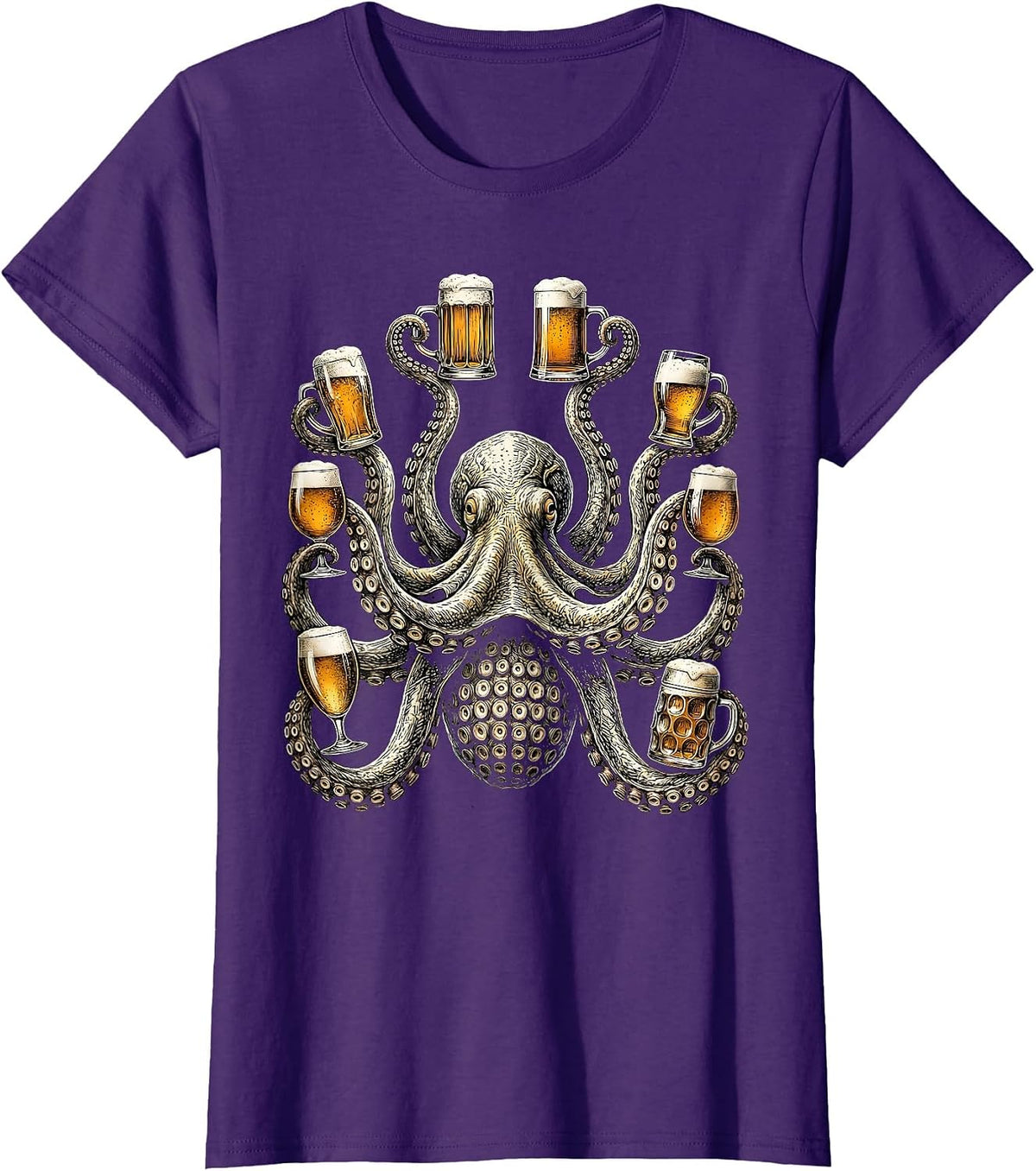 Octopus Holding Eight Beers Funny Drinking Art T-Shirt, Women, Purple, Medium - As Pictured