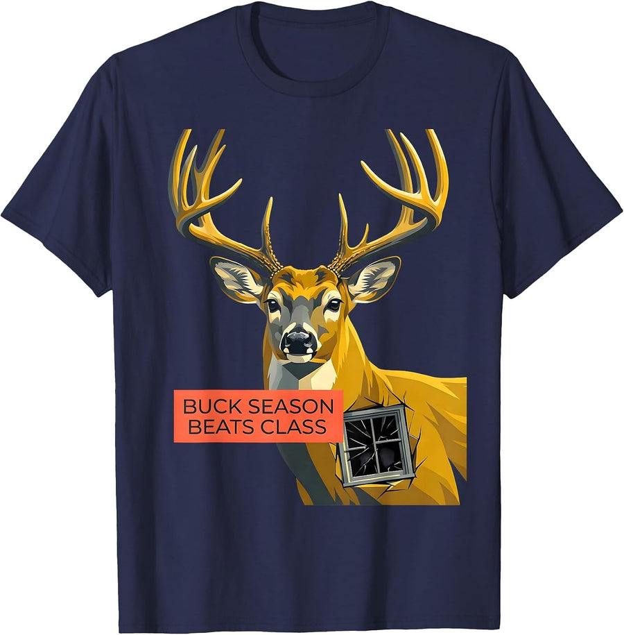 Buck Season Beats Class Funny Deer Hunting Camo Dad Humor T-Shirt - Navy Blue