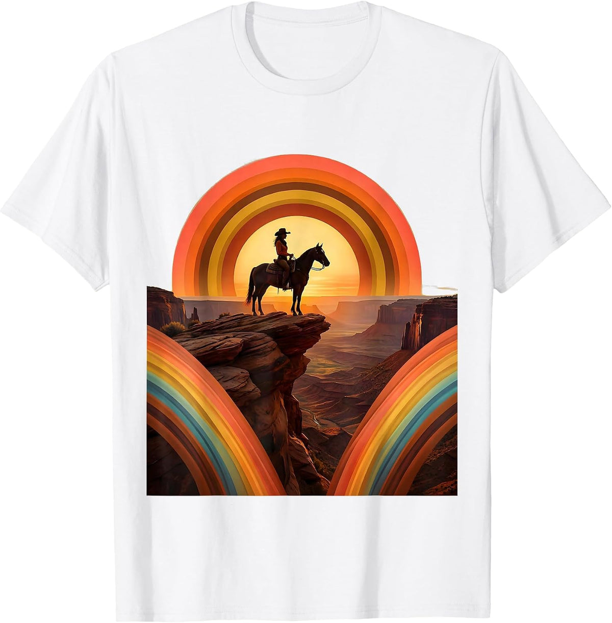 Lone Cowgirl Silhouette Desert Sunset Graphic T-Shirt - White