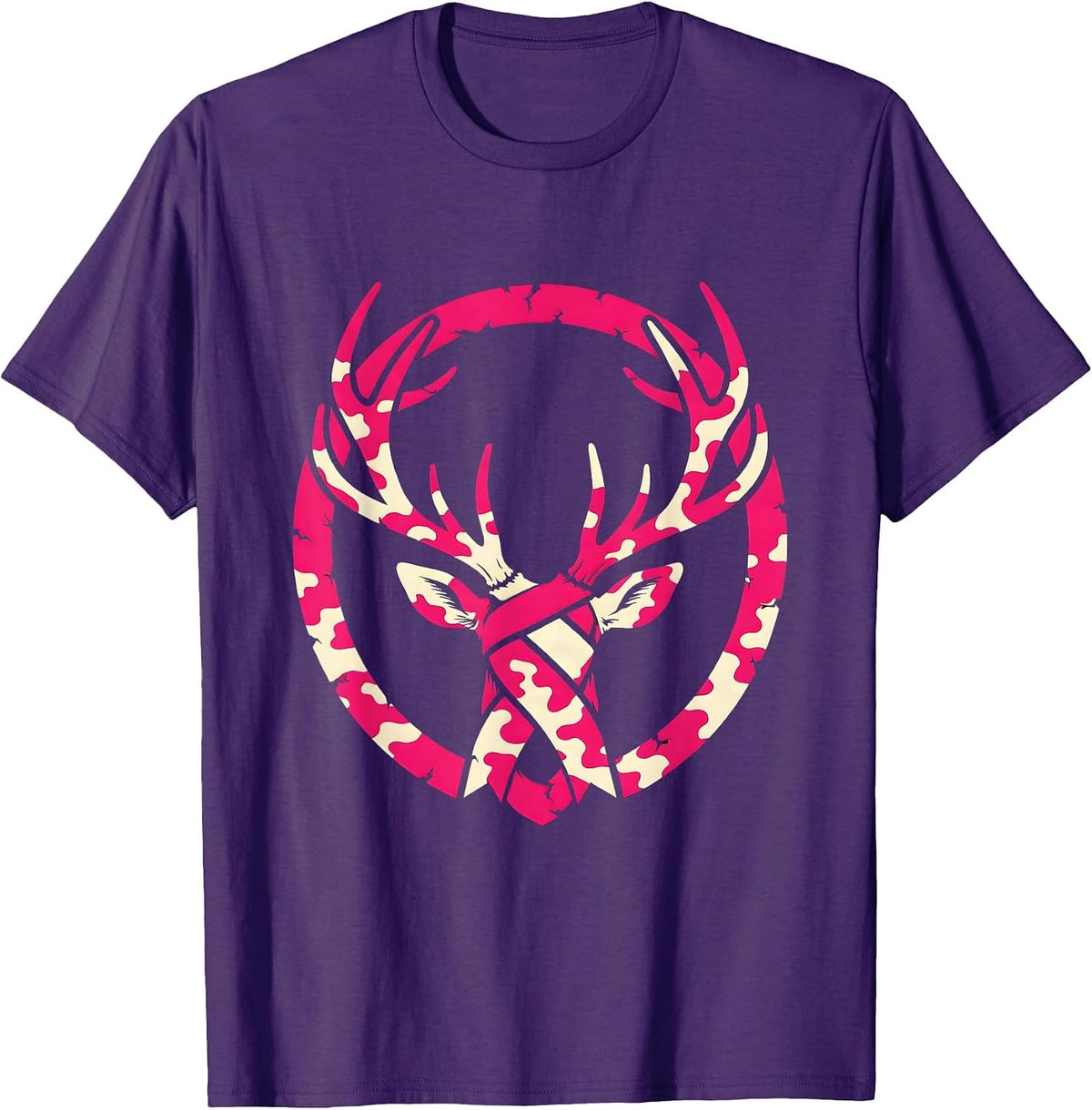Pink Camo Deer Antlers Ribbon Hunting Design T-Shirt - Purple
