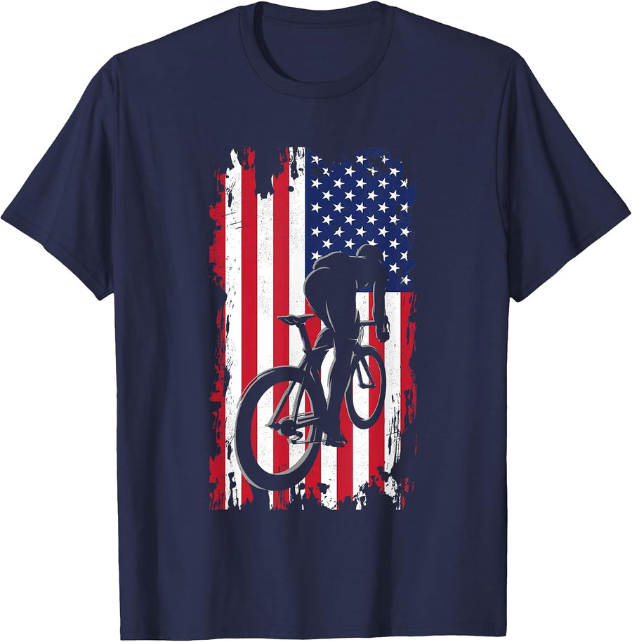 American Flag Road Biking Cycling Apparel - Cycling T-Shirt - Navy Blue