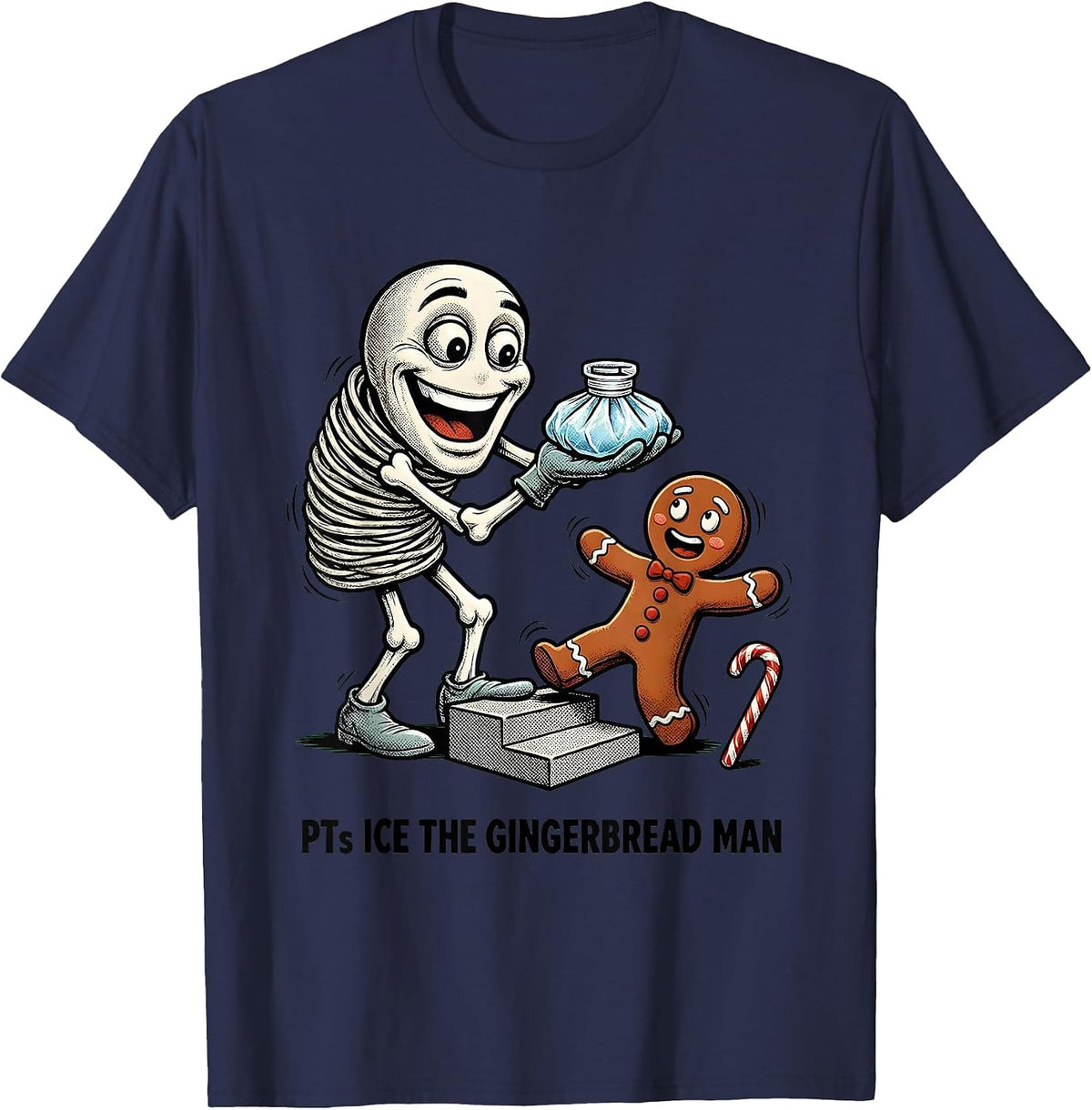 PTs Ice The Gingerbread Man Retro Cartoon Physical Therapist T-Shirt - Navy Blue