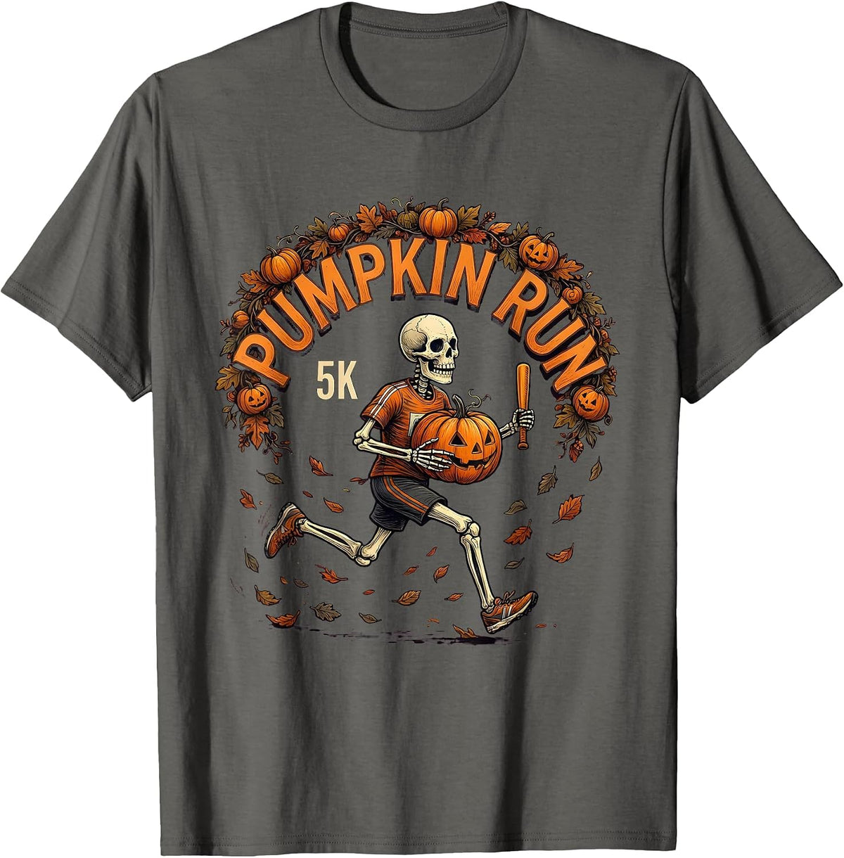 Men's Pumpkin Run 5K Funny Halloween Skeleton Runner Costume T-Shirt - Asphalt Grey