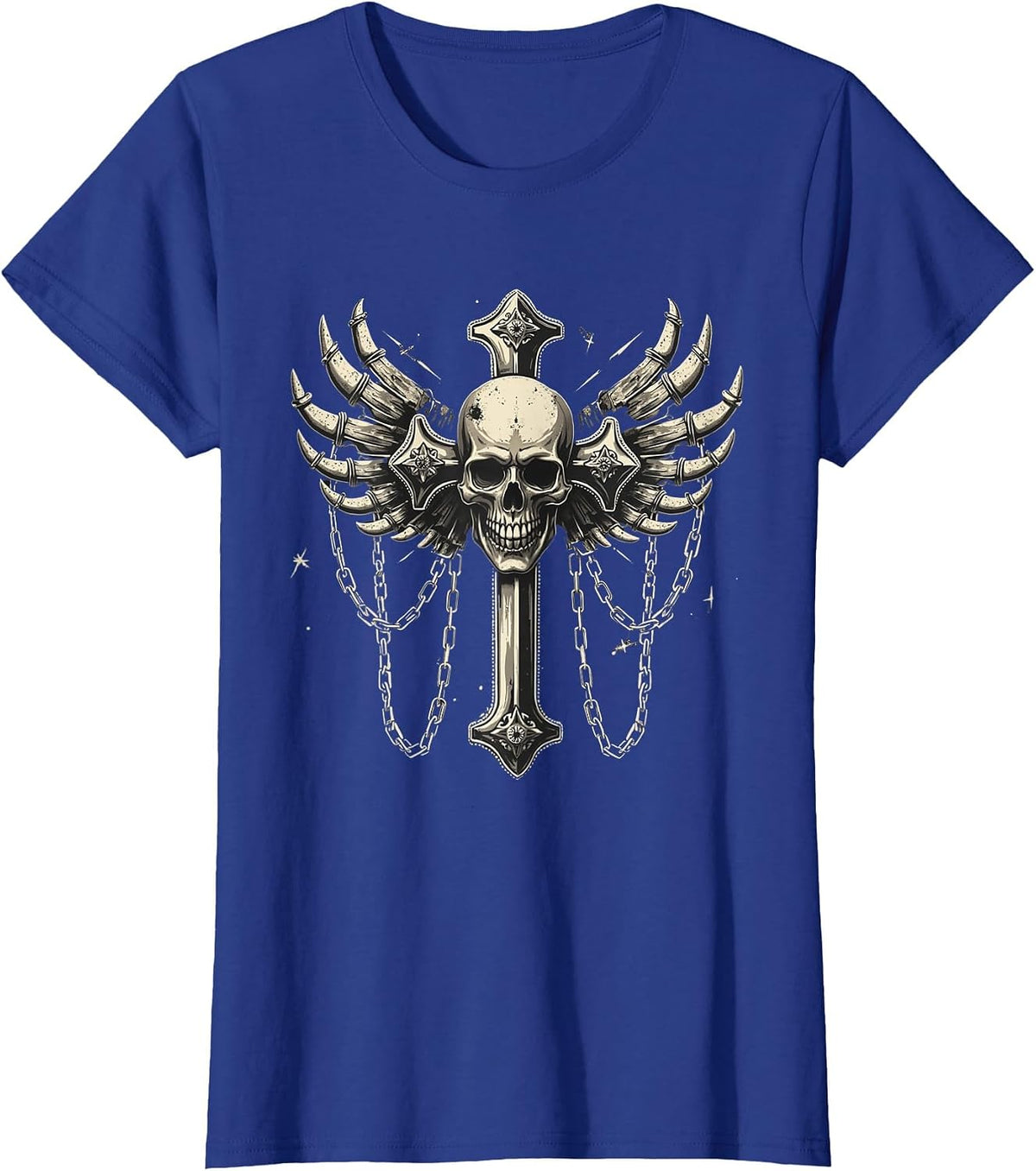 Skull with Silver Cross | Chains | Goth | Emo | y2k | Grunge T-Shirt - Royal Blue