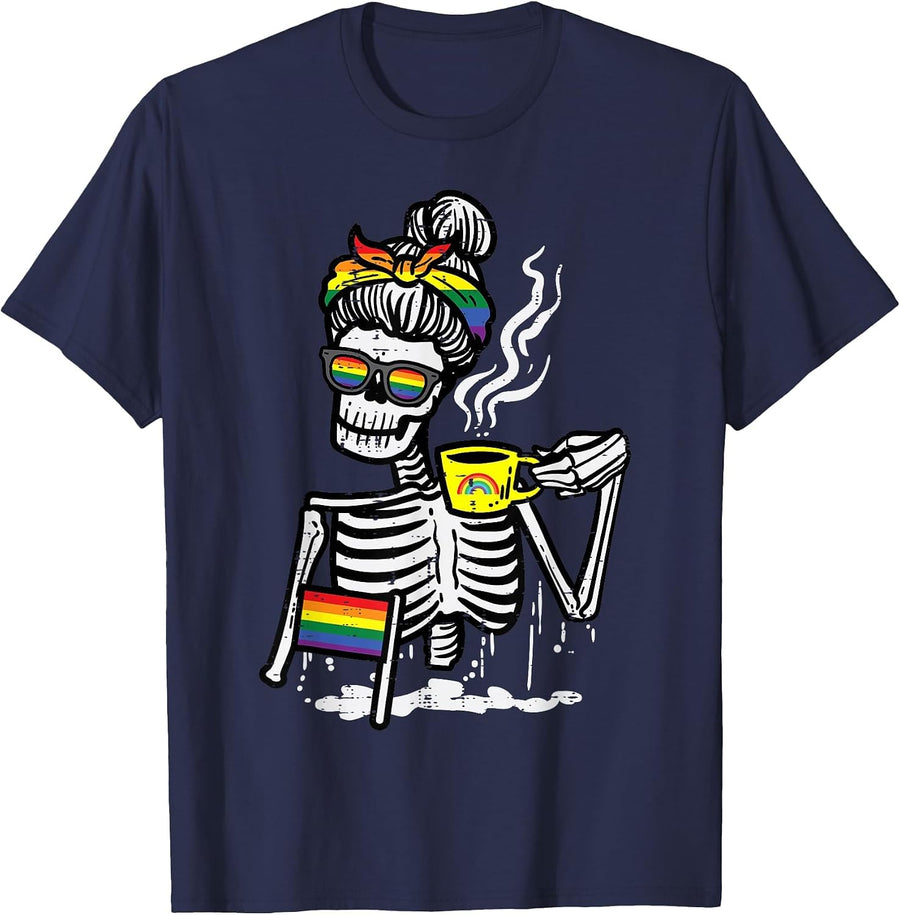 Gay Skeleton Messy Bun Coffee LGBT Pride Month Women Men T-Shirt - Navy Blue