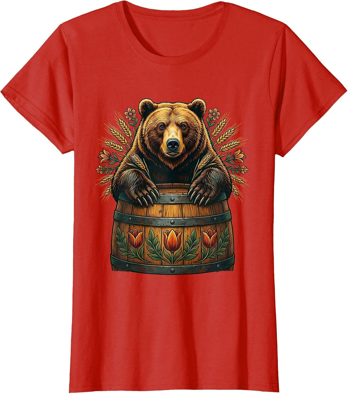 Women's Grizzly Bear Emerging From a Barrel Design T-Shirt - Red