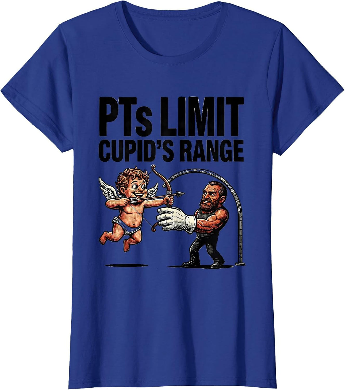 Women's PTs Limit Cupid's Range Retro Cartoon Physical Therapist T-Shirt - Royal Blue