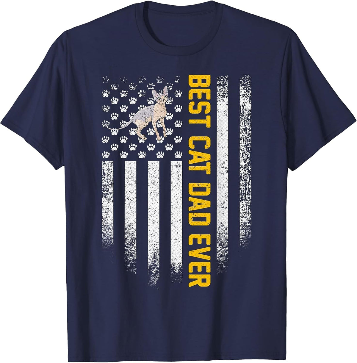 Vintage USA American Flag Best Sphynx Cat Dad Ever Funny T-Shirt - Navy Blue