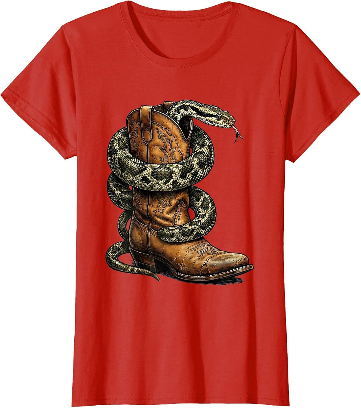 Snake Coiled Cowboy Boot Cowgirl Western Graphic T-Shirt - Red