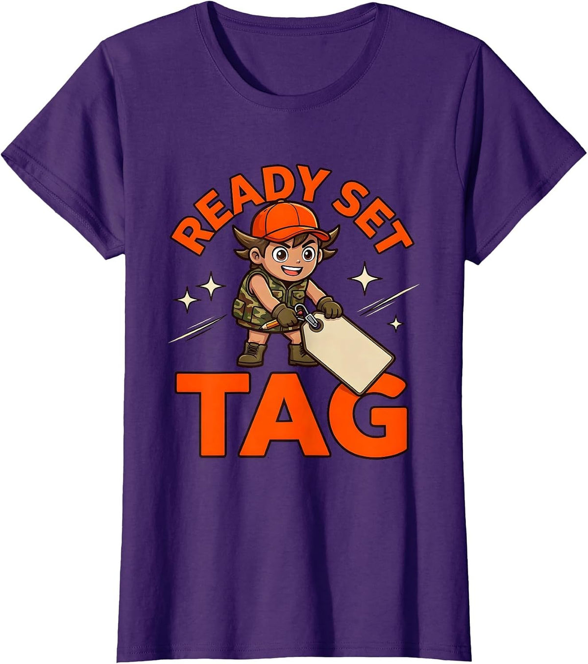 Women's READY SET TAG Funny Deer Duck Hunter Camp T-Shirt - Purple