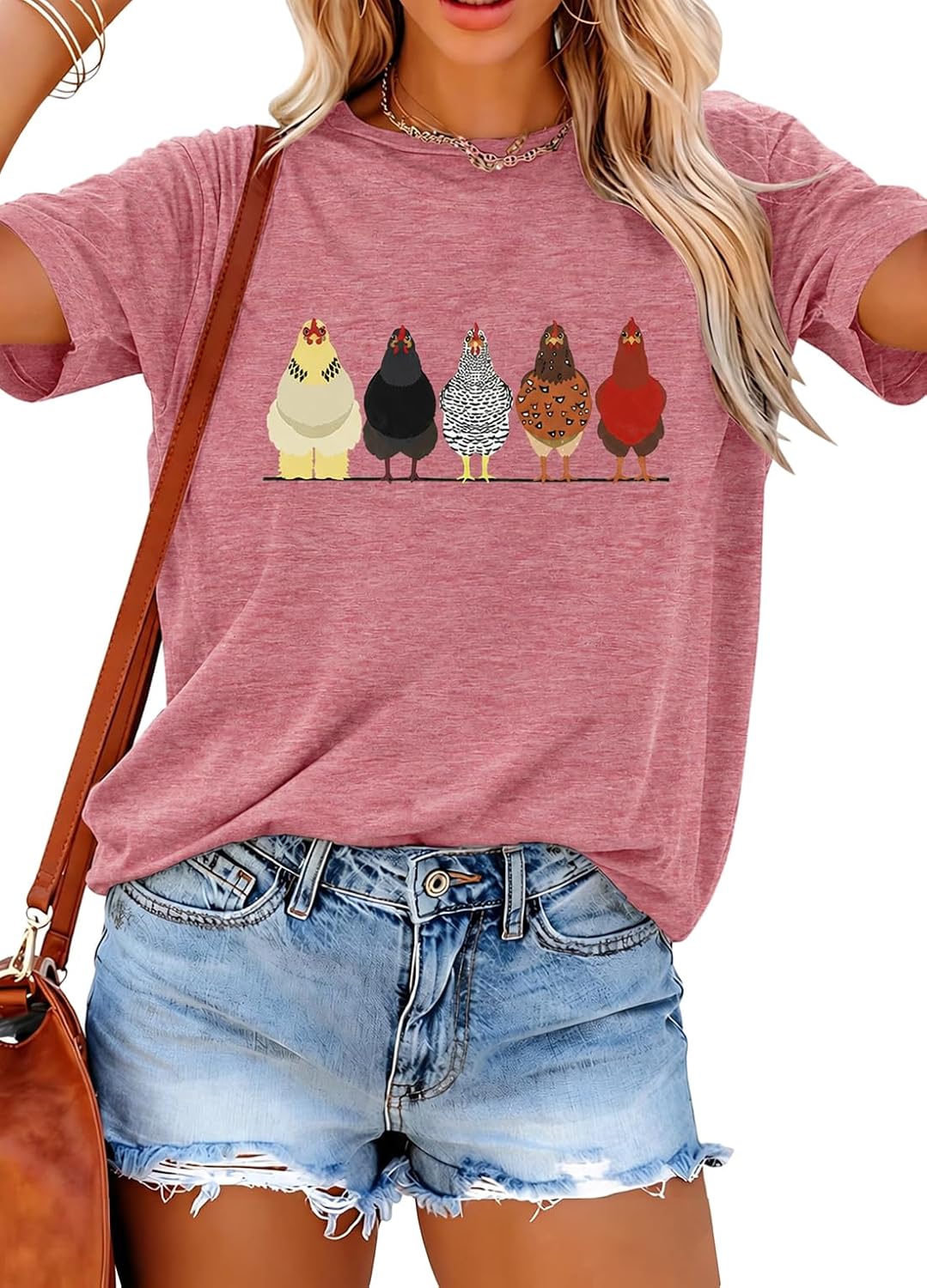 Chicken Shirts for Women Chicken Mom Tshirt Farm Casual Short Sleeve Tops - Pink-2