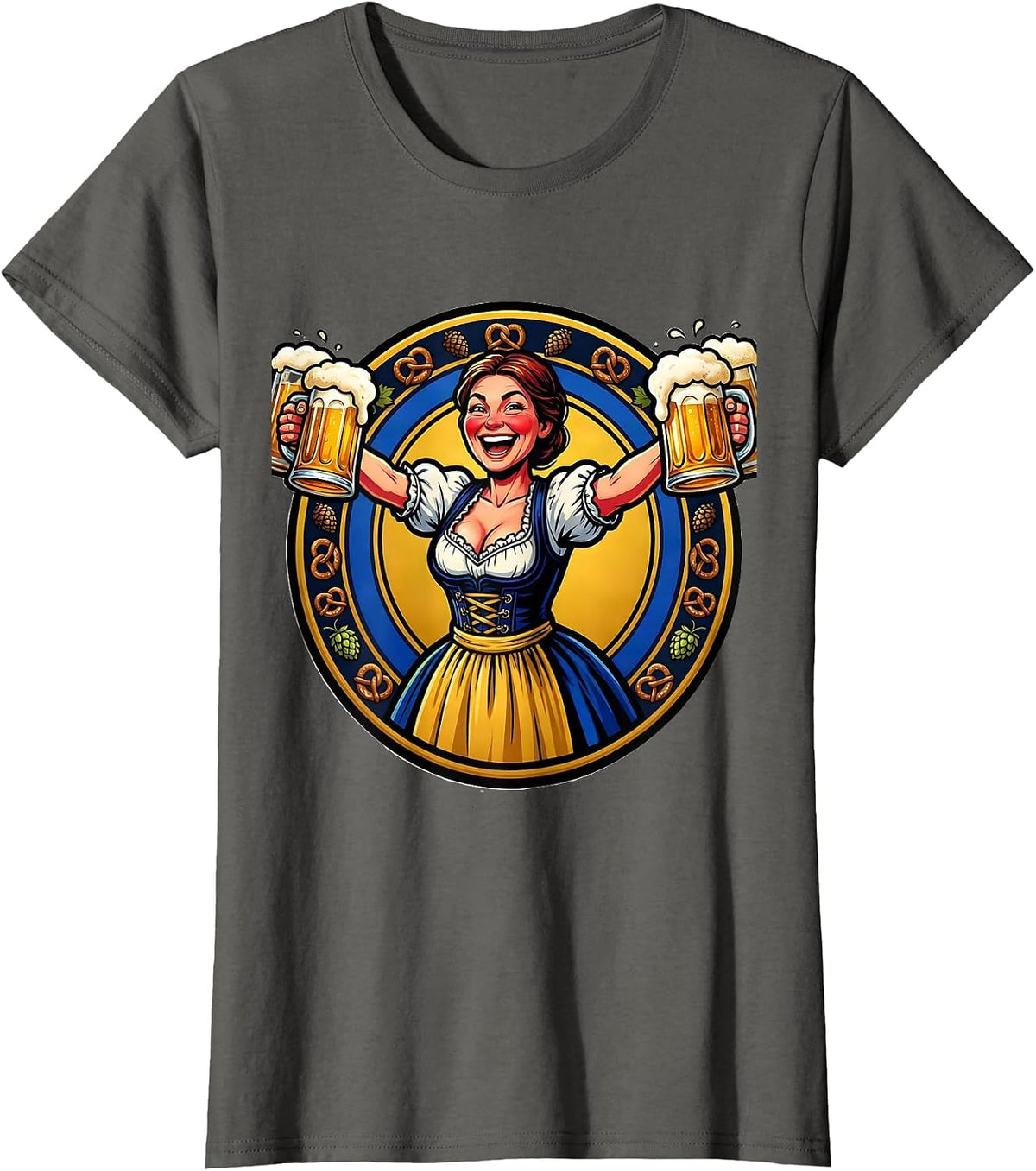 Women's Bavarian Dirndl Stein Bearer Oktoberfest Graphic T-Shirt - Asphalt Grey